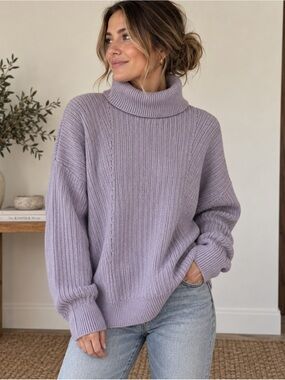 Lilac Oversized Turtleneck Sweater | Cozy Minimalist Knit Cotton Blend Medium